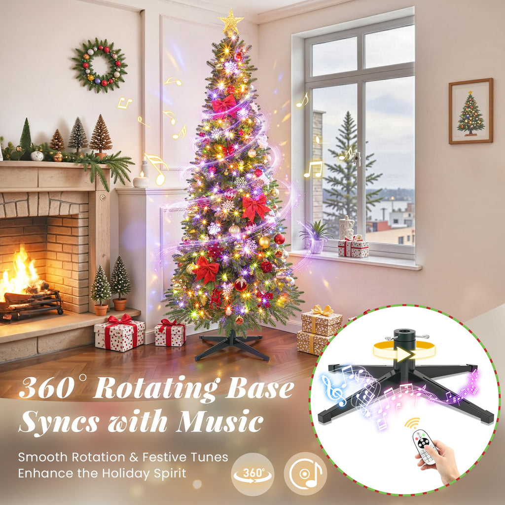7.5FT Prelit Slim Pencil Rotating Christmas Tree with Lights Remote Control