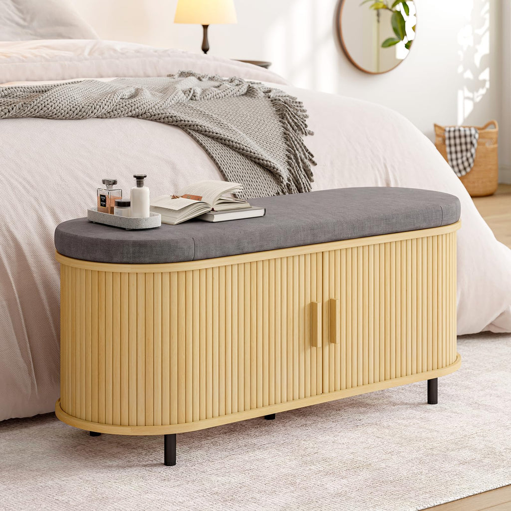 43" Shoe Bench with Storage, Fluted Shoe Storage Bench, Oak