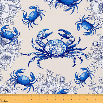 Crab Ocean Creatures Fabric by The Yard, Underwater Animal Soft Upholstery Fabric Blue Floral Chinese Style Fabrics