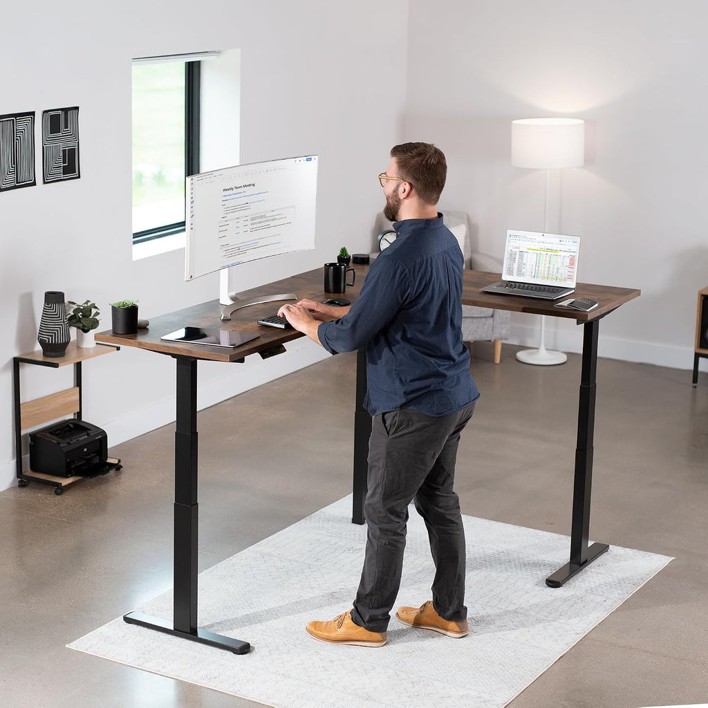 Black Electric Corner 3 Leg Standing Desk Frame, DESK-V130EB | Triple Motor, Height Adjustable, L-Shaped, Holds up to