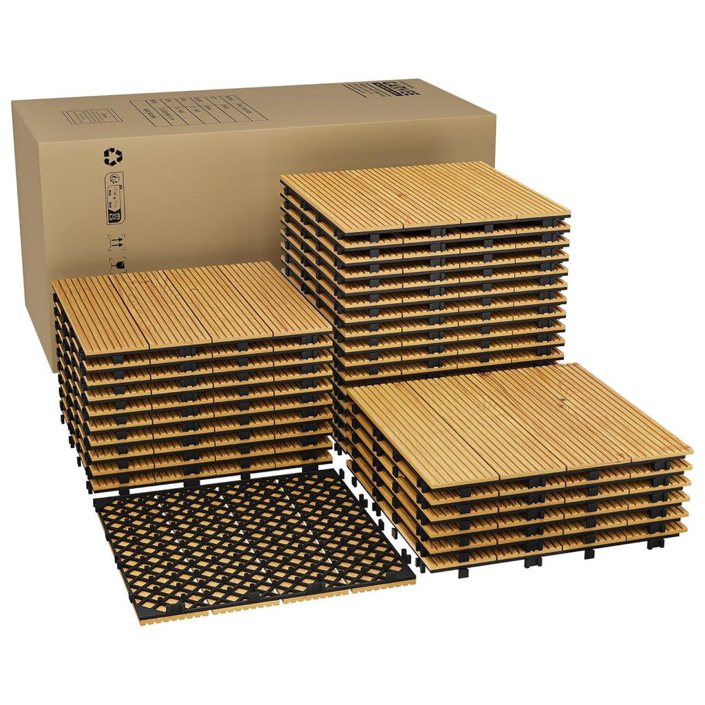 22 PCS Acacia Wood Composite Deck Tiles, 12"X12" Solid Wood Interlocking Flooring for Patio & Balcony, All Weather