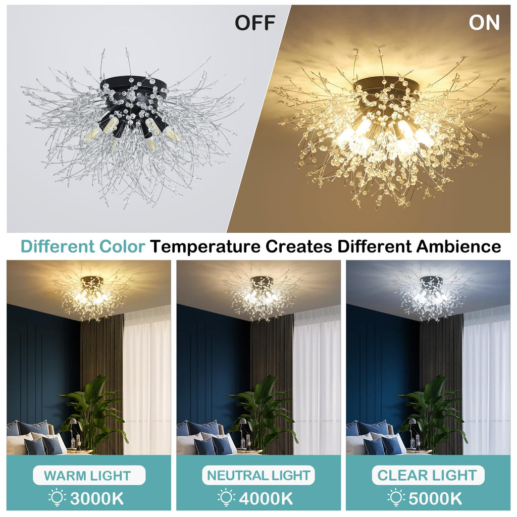 Black Ceiling Light Fixture, 6-Light Firework Sputnik Flush Mount Ceiling Light with K9 Crystal String, Modern Close to