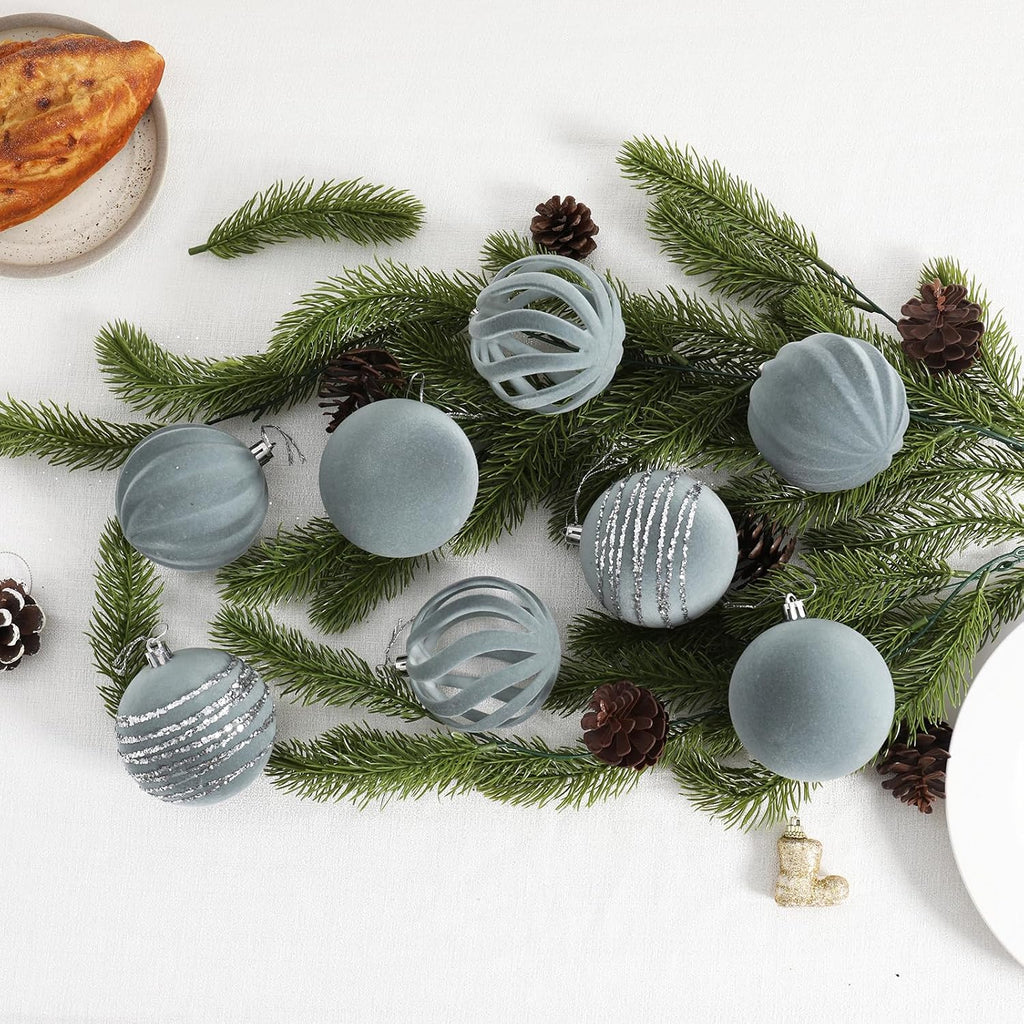 Ornaments Set of 12, 3.15", Dusty Blue Flocked Velvet Balls