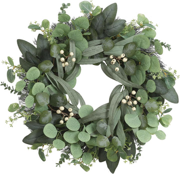 24 Inch Eucalyptus Wreath for Front Door, Artificial Greenery Wreath with White Berries, Green Door Decor Outdoor