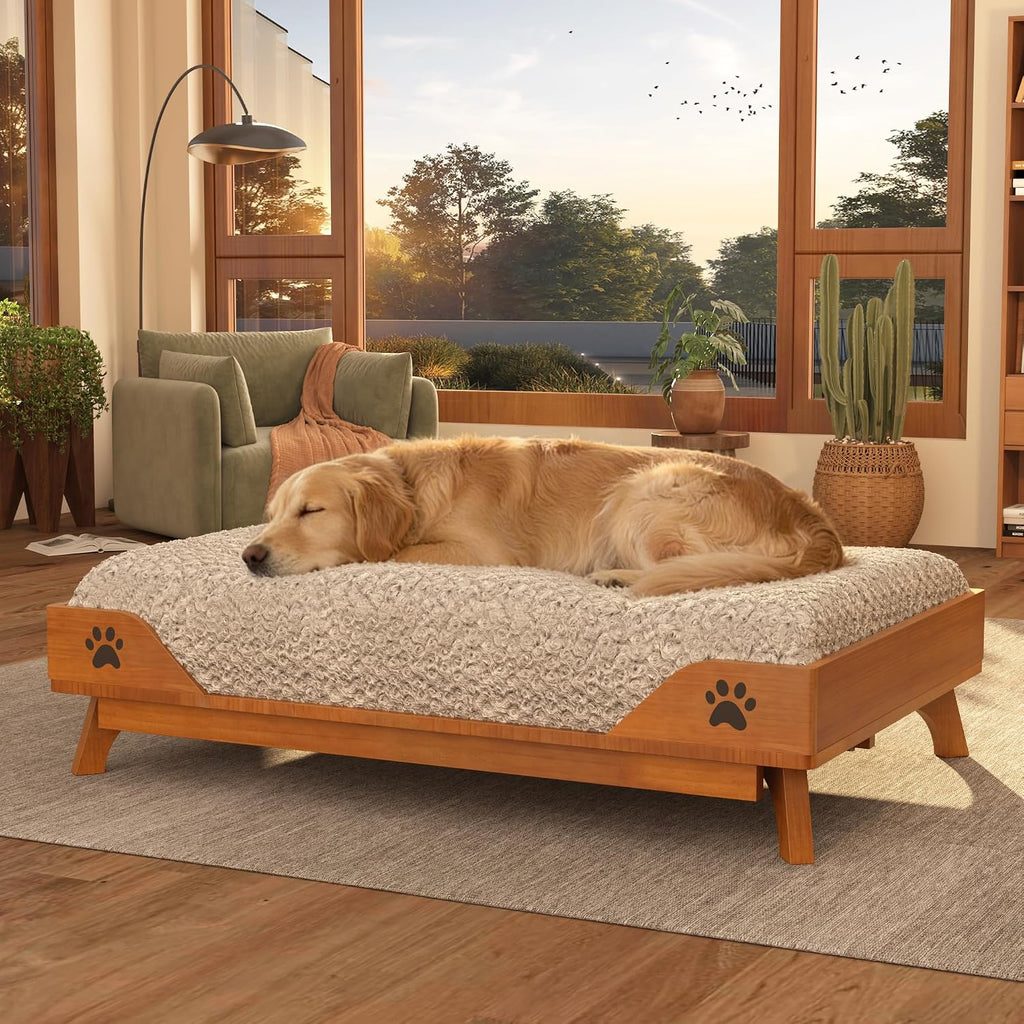 Elevated Solid Wood Large Dog Bed - Brown Pet Bed Frame with Soft Cushion Washable, Mid-Century Modern Raised Dog