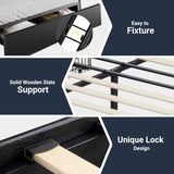 Full Platform Bed Frame with 3 Storage Drawers, Faux Leather Upholstered, Wooden Slats Support, No Box Spring Needed