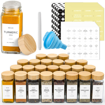 24 Pcs Glass Spice Jars with Bamboo Lids, 4 oz Glass Jars with Minimalist Farmhouse Spice Labels Stickers