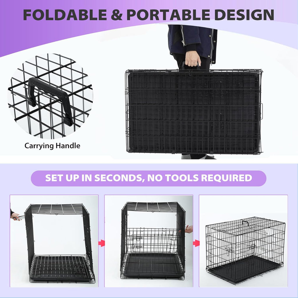 Dog Crate | 48" | Black | Foldable Metal Kennel with Double Doors, Secure Slide-Bolt Latches