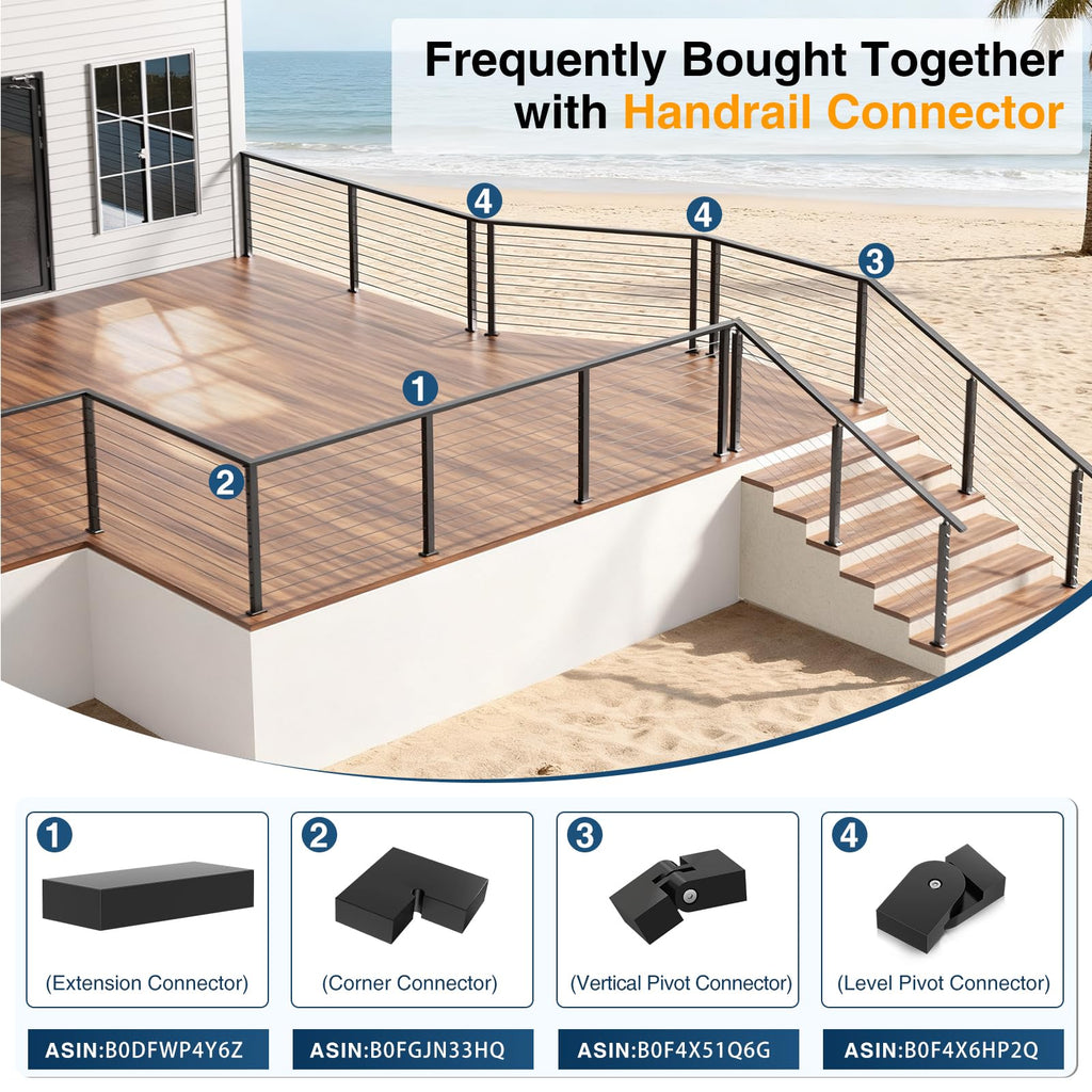 4 Pack Black 120mm x 53mm x 23mm Extension Connector for Aluminum Flat Handrail, Rectangular Hand Rail Fitting for