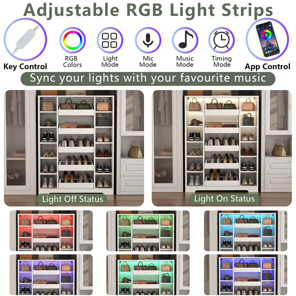 Shoe Storage Cabinet with 5 Storage Drawers, 12 Open Shelves and LED Light