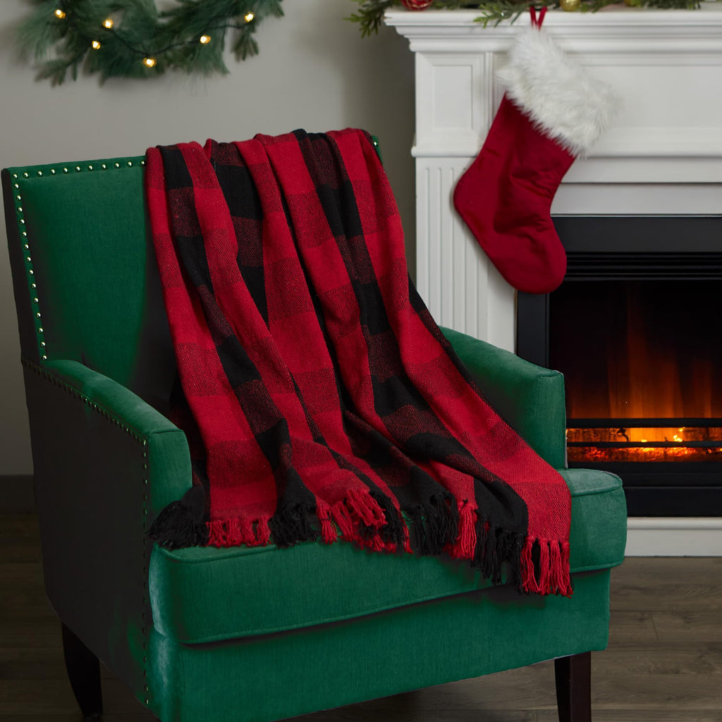Buffalo Check Collection Rustic Farmhouse Throw Blanket with Tassles, 50x60, Tango Red/Black
