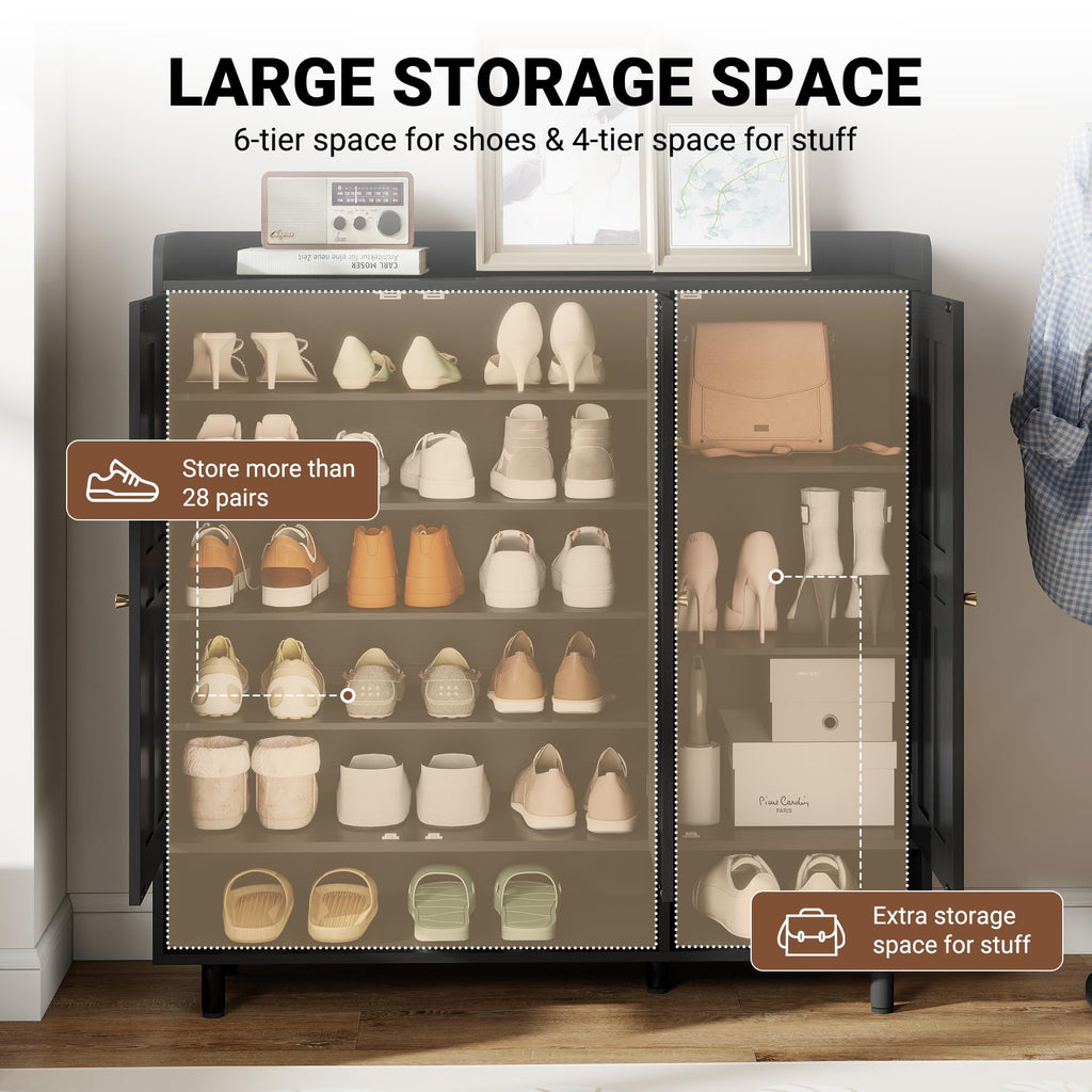 Shoe Cabinet with 3 Doors and Adjustable Shelves, Large Shoe Storage Cabinet for 24-30 Pairs, Modern Farmhouse Shoe
