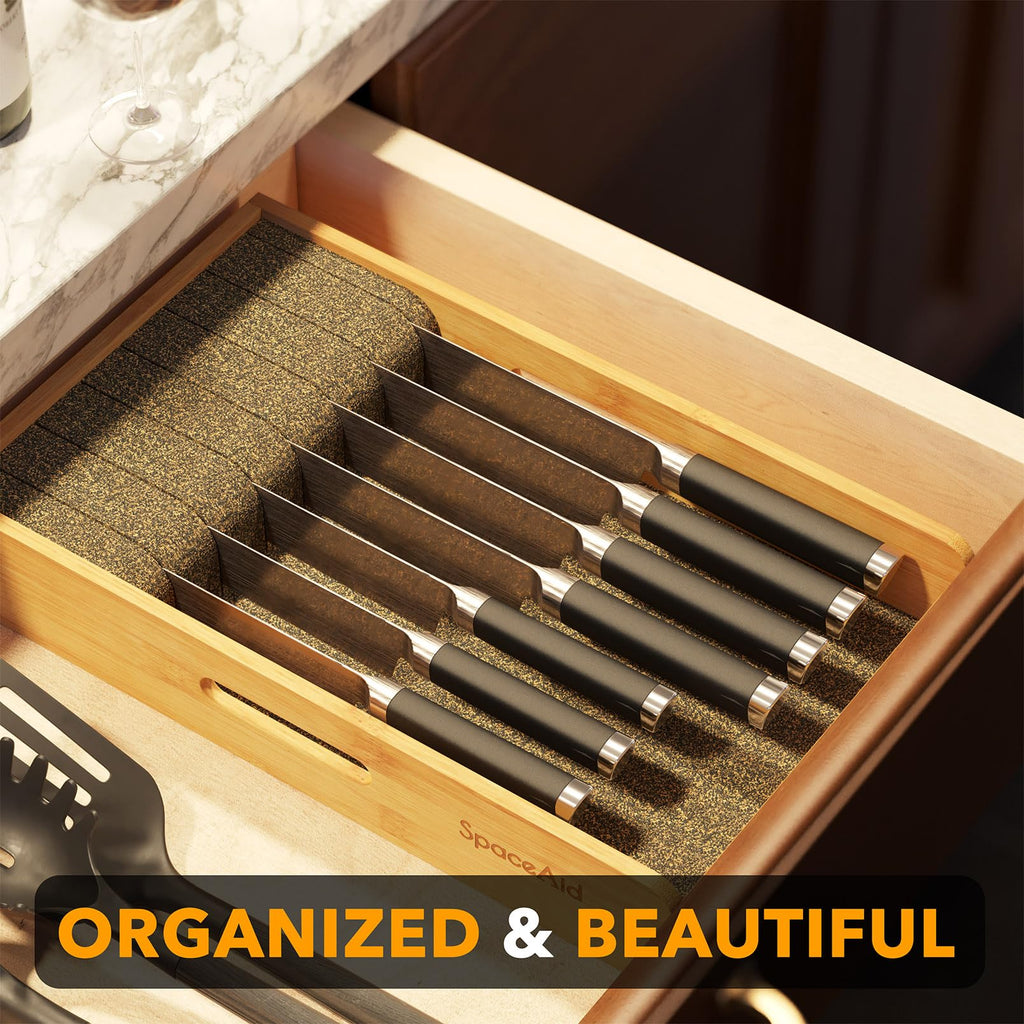 Knife Drawer Organizer 9 inches Wide Bamboo Insert Dock, Kitchen Steak Knives Holder Organizers Block for Drawer