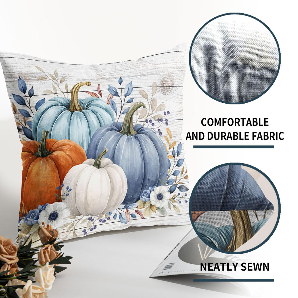 Fall Pumpkin Floral Throw Pillow Covers 20x20 Inch Blue Teal Orange Pumpkins Leaf Decorative Pillow Covers Pack of 2