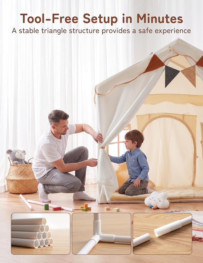 Kids Play Tent Indoor with Padded Mat & Lights, Double Doors