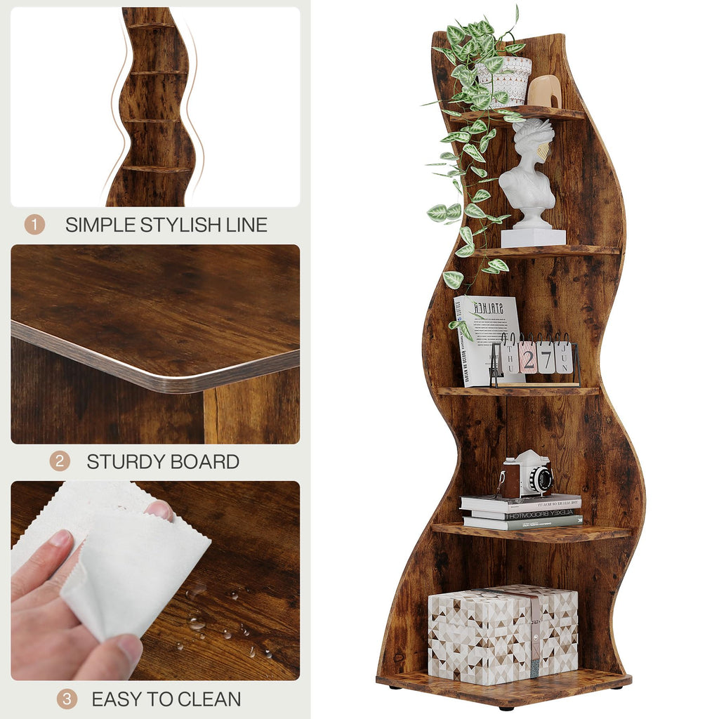 Corner Shelf, Rustic 5-Tier Wall Corner Bookshelf, Stylish Corner Small Bookcase Storage Rack Plant Stand with Unique