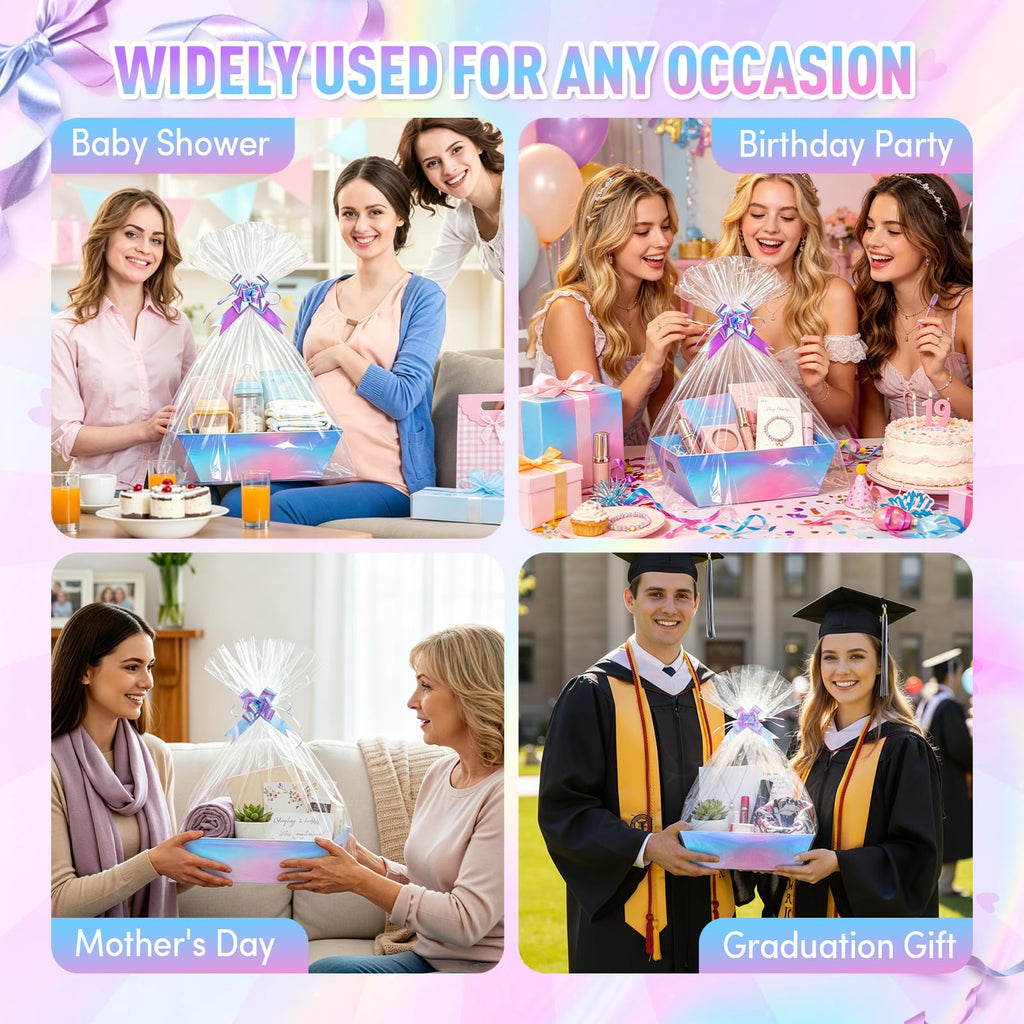 20 Pack Iridescent Gift Baskets Empty, 10x8 Thick Paper Basket with 20 Clear Bags and 20 Pull Bows, Holographic Gift