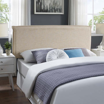 Linen Fabric Upholstered Queen Headboard in Beige with French Piping