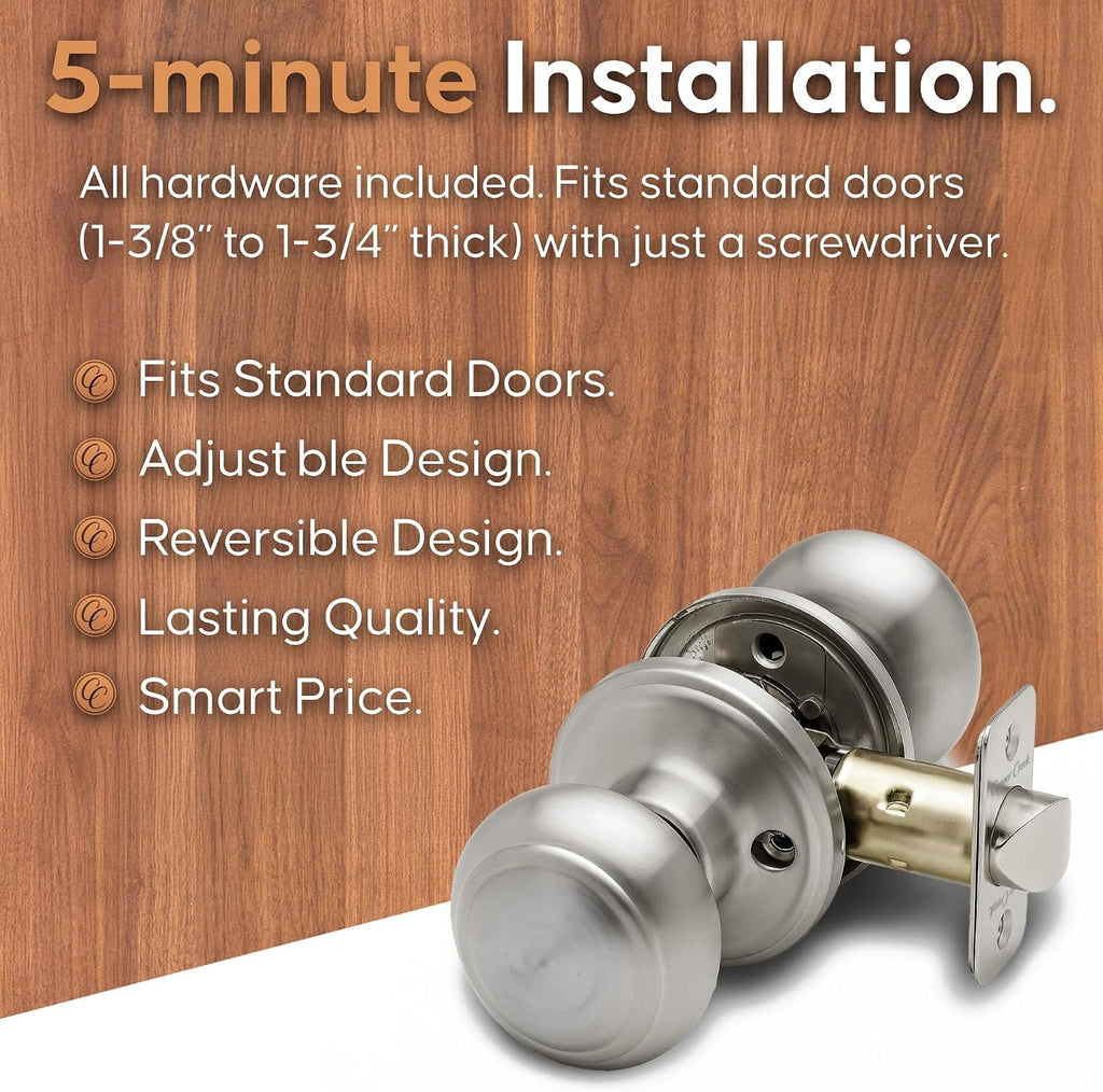 Colonial Passage Interior Door Knob - ANSI Grade-3 Certified, Modern Heavy Duty Handle, Easy Install and Reversible