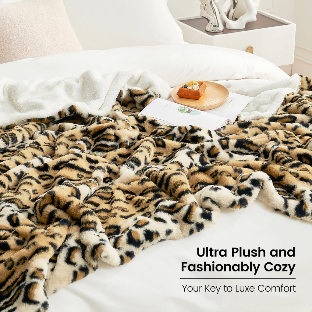 Bliss Leopard Print Faux Fur Throw Blanket, 60"×80", Brown Leopard
