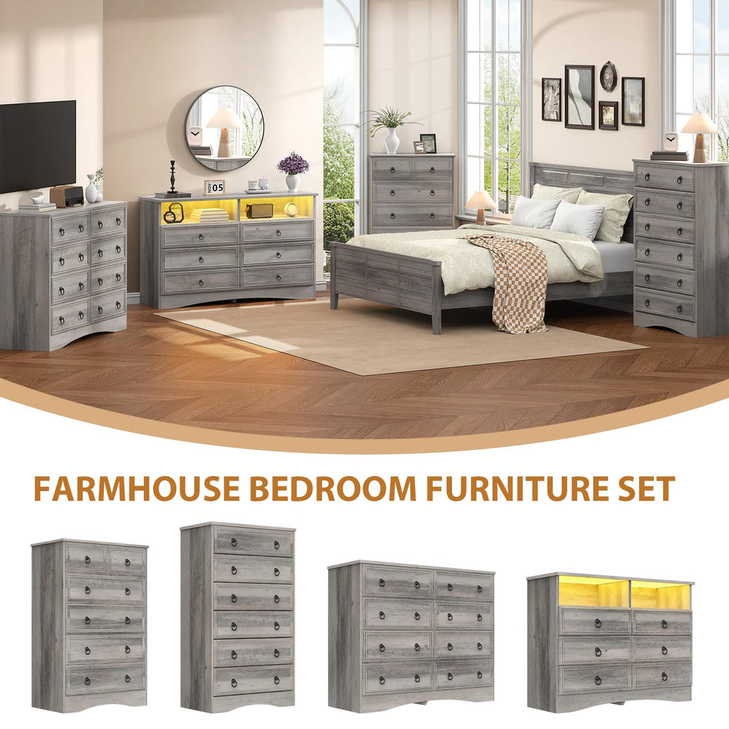 Grey 6 Drawer Dresser with LED Lights and Charging Station, Wood 6 Chest Drawers, Large Storage for Clothes, Taupe