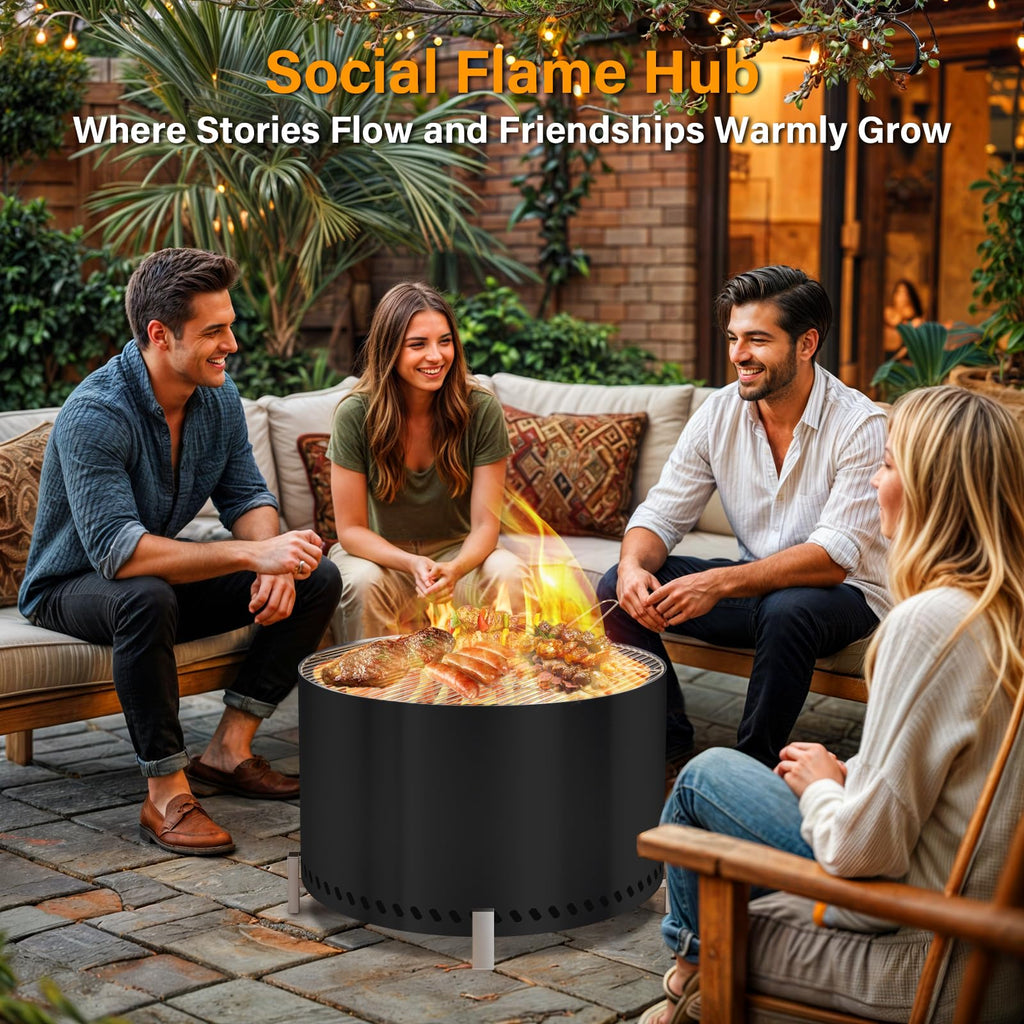 28" Smokeless Firepit with Stand & Grill Rack, Large Stainless Steel Wood Burning Fire Pit for Gatherings, Secondary