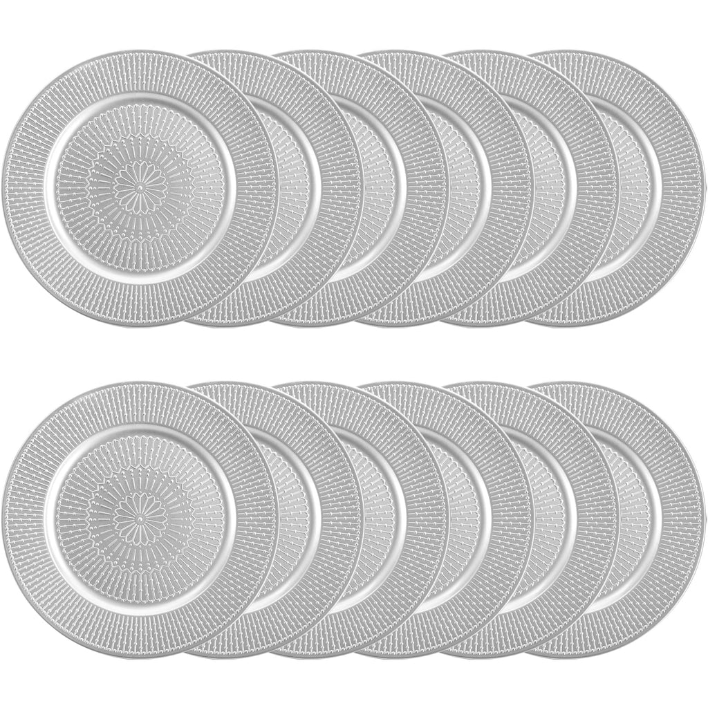 12 Pack Silver Charger Plate, 13-inch Beaded Chargers for Dinner Plates, Plastic Reusable Round Charger Platters