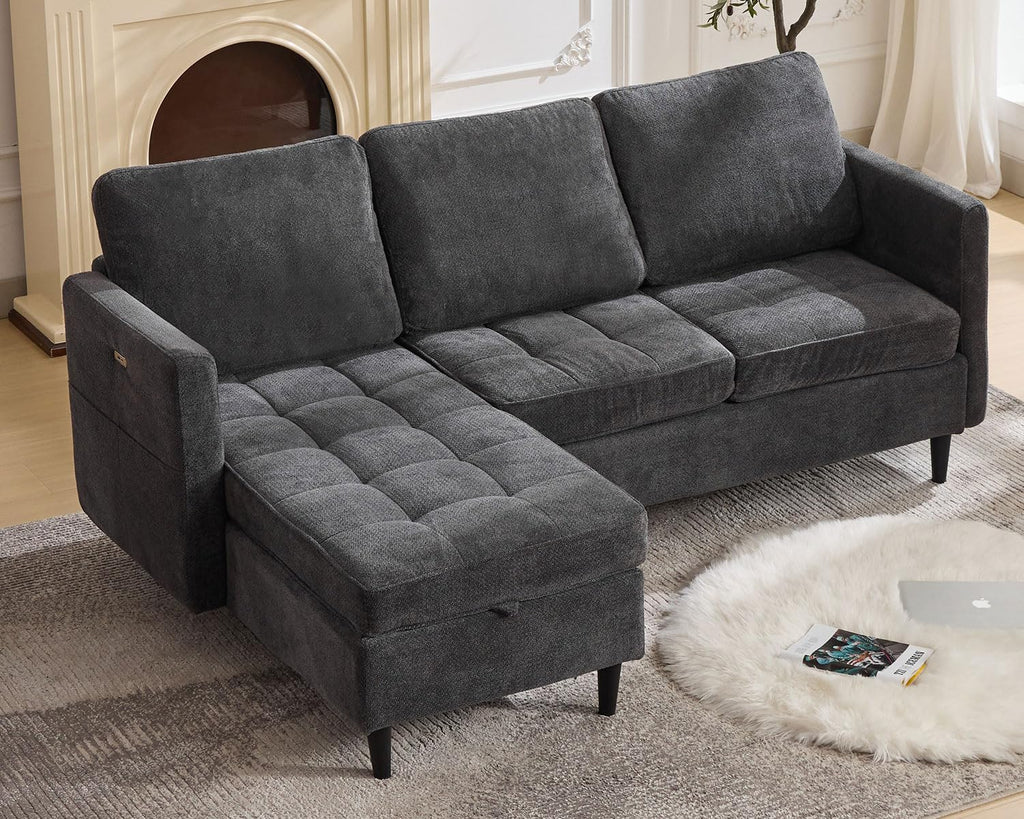 77.6" L-Shaped Sectional Couch with Storage Chaise, Convertible Sleeper Sofa Bed Modular Space-Saving with Type-C USB