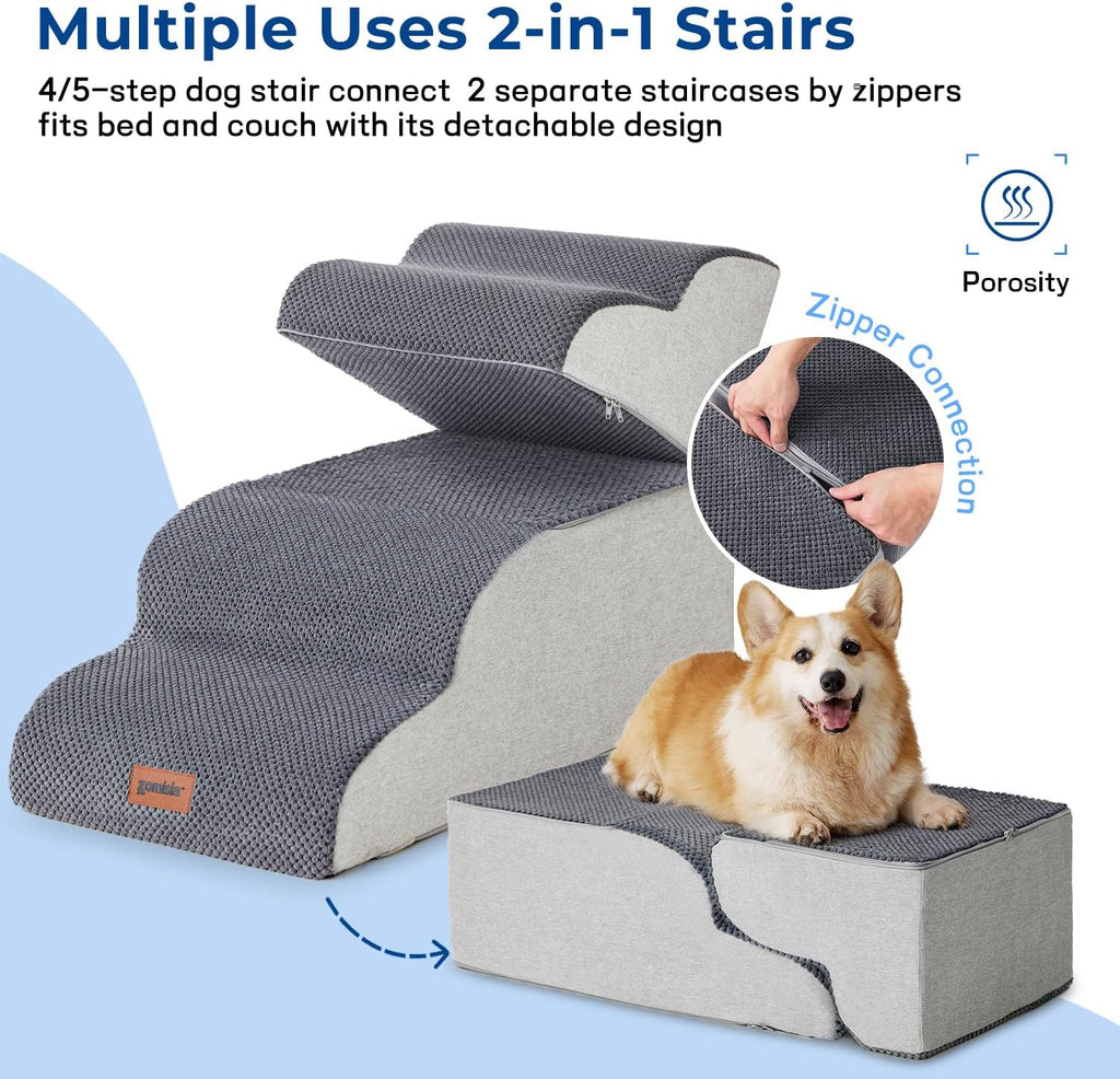 Dog Stairs Ramp for High Beds Up to 25", 5 Step Pet Stairs Grey