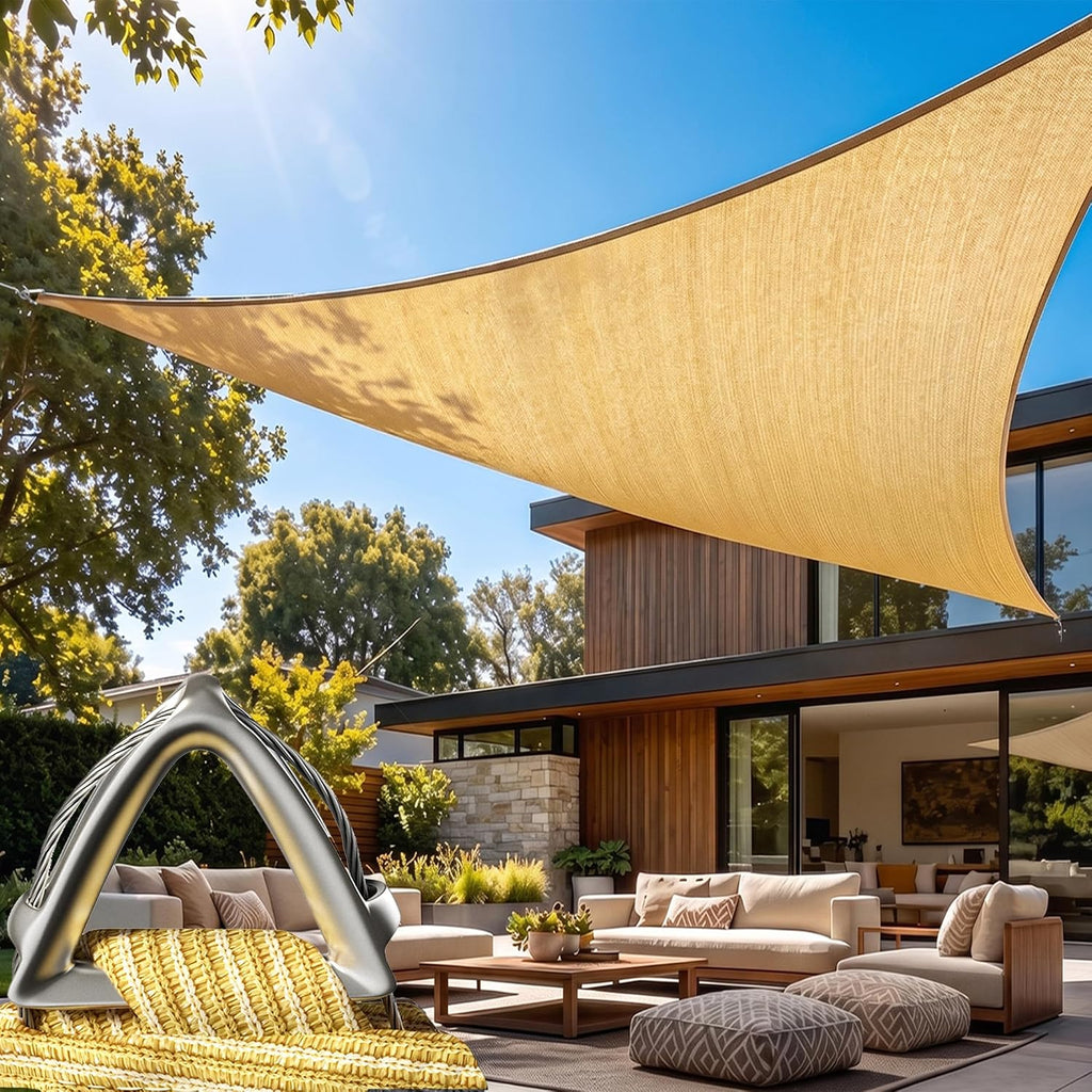 Heavy Duty 12' x 12' x 12' Beige Sun Shade Triangle Pro Ring Shade Sail, 260 GSM Commercial Grade UPF50 Sunshade