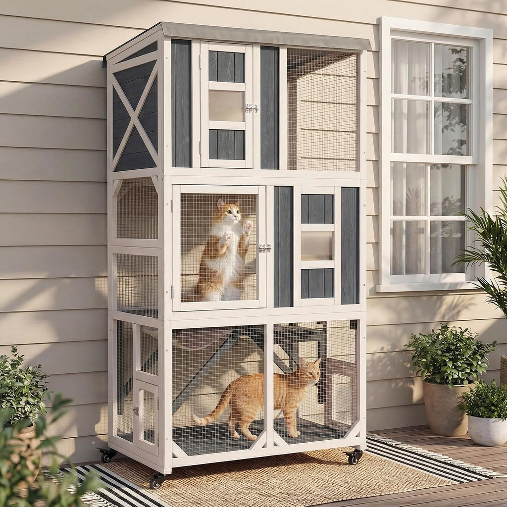 63.5" H Outdoor Cat Enclosure, Wooden Window Catio with Wheels