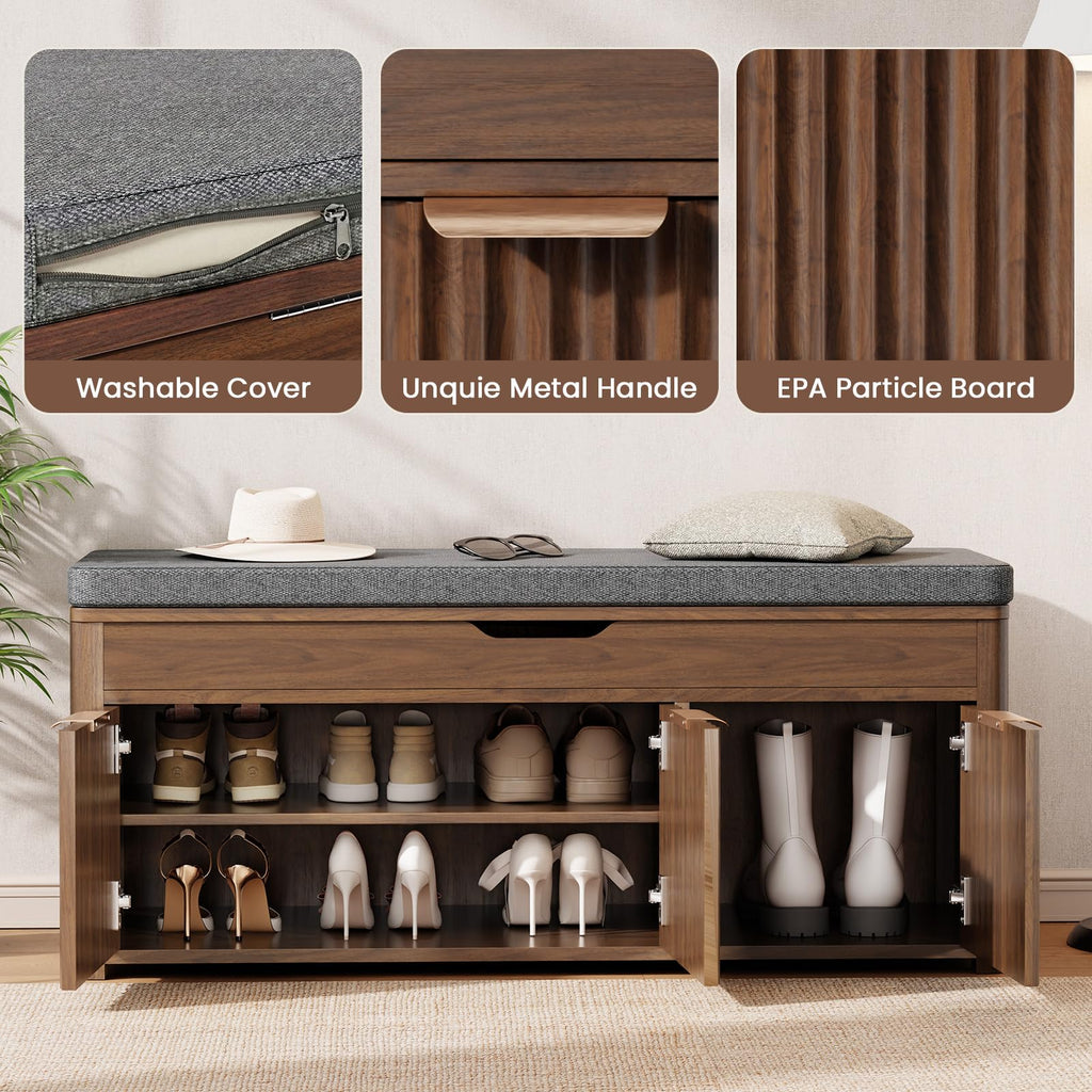 37.4" W Shoe Bench with Storage, Lift Top Entryway Bench, Walnut