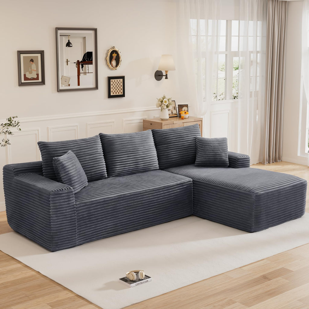 108" L Shaped Cloud Boneless Sectional Couches, Modern Comfy Modular Deep Seat Memory Foam Compressed Corduroy Sofa