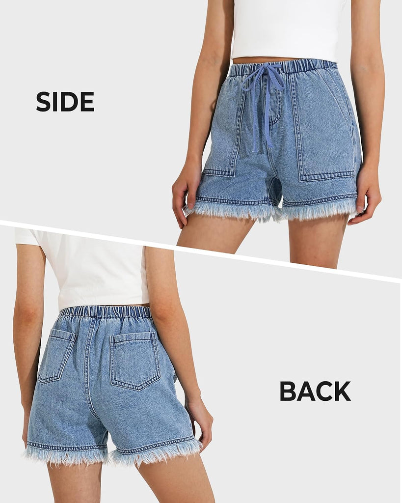 Girls Jean Shorts Denim Elastic Waist Drawstring Short for Teen Girl