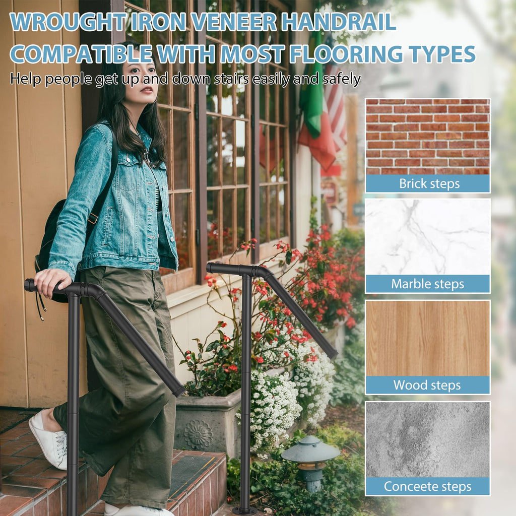 2 Pack Hand Rails for Outdoor Steps Fit 1 to 2 Step, HandRails Outdoor Stair Railing, Sturdy Single Post Metal Porch