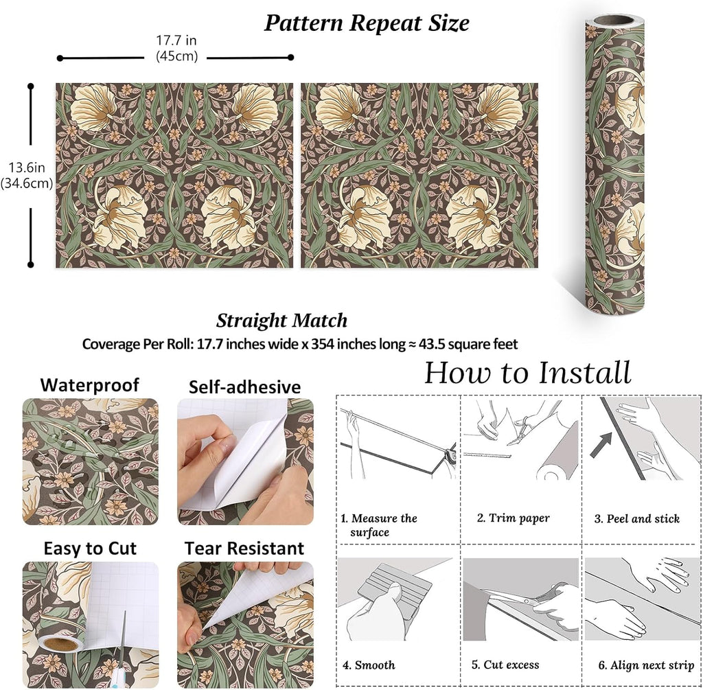 Vintage Dark Earth Floral Wallpaper Peel and Stick William Morris Wallpaper Pimpernel Wall Mural 17.7''x354'' Self
