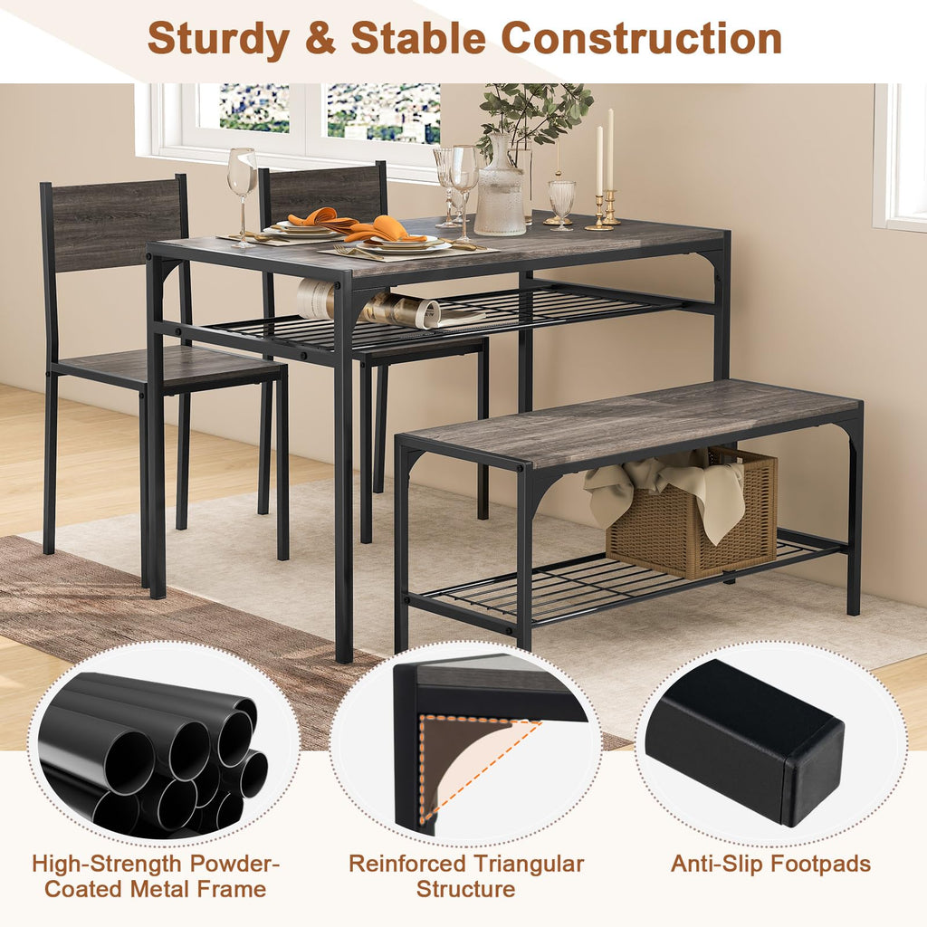 4-Piece Dining Table Set for 4, Industrial Kitchen Table with 2 Chairs and Bench, Space-Saving Dinette Set with Metal
