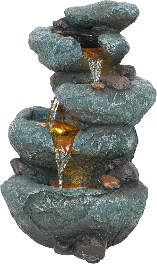 14" 3 Tier Rock Fountain with LED Lights, Elegant Cascading Water Feature for Tabletop, Indoor Decor, Relaxing Stone