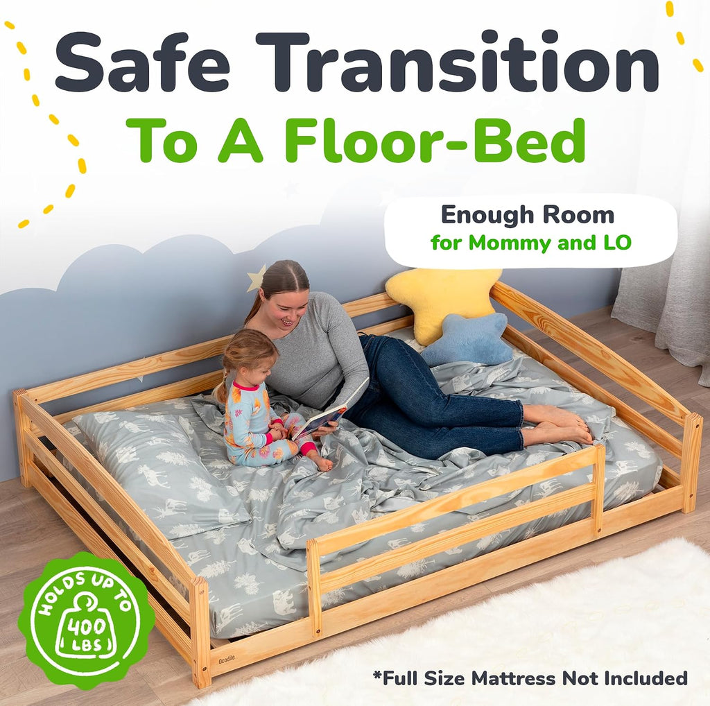 Floor Bed for Kids with Rails & Wood Slatted Frame