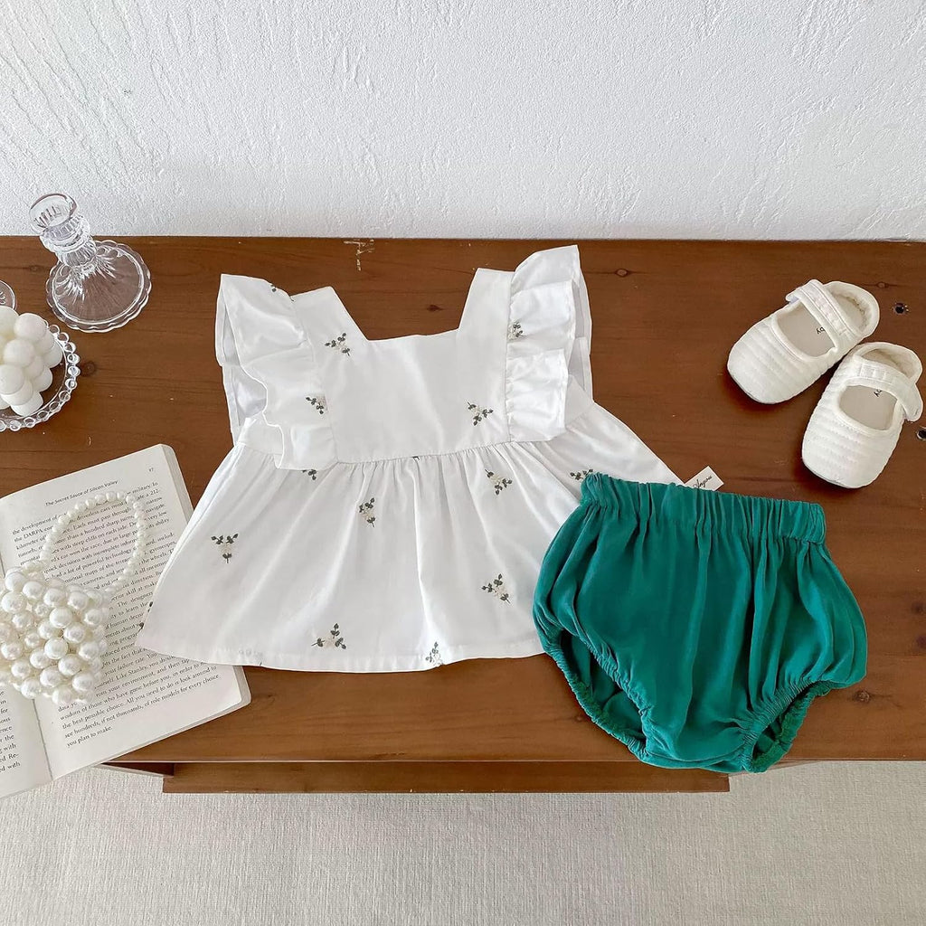 Baby Girl Summer White Embroidered Ruffle Sleeveless Top and Green Bloomers Set