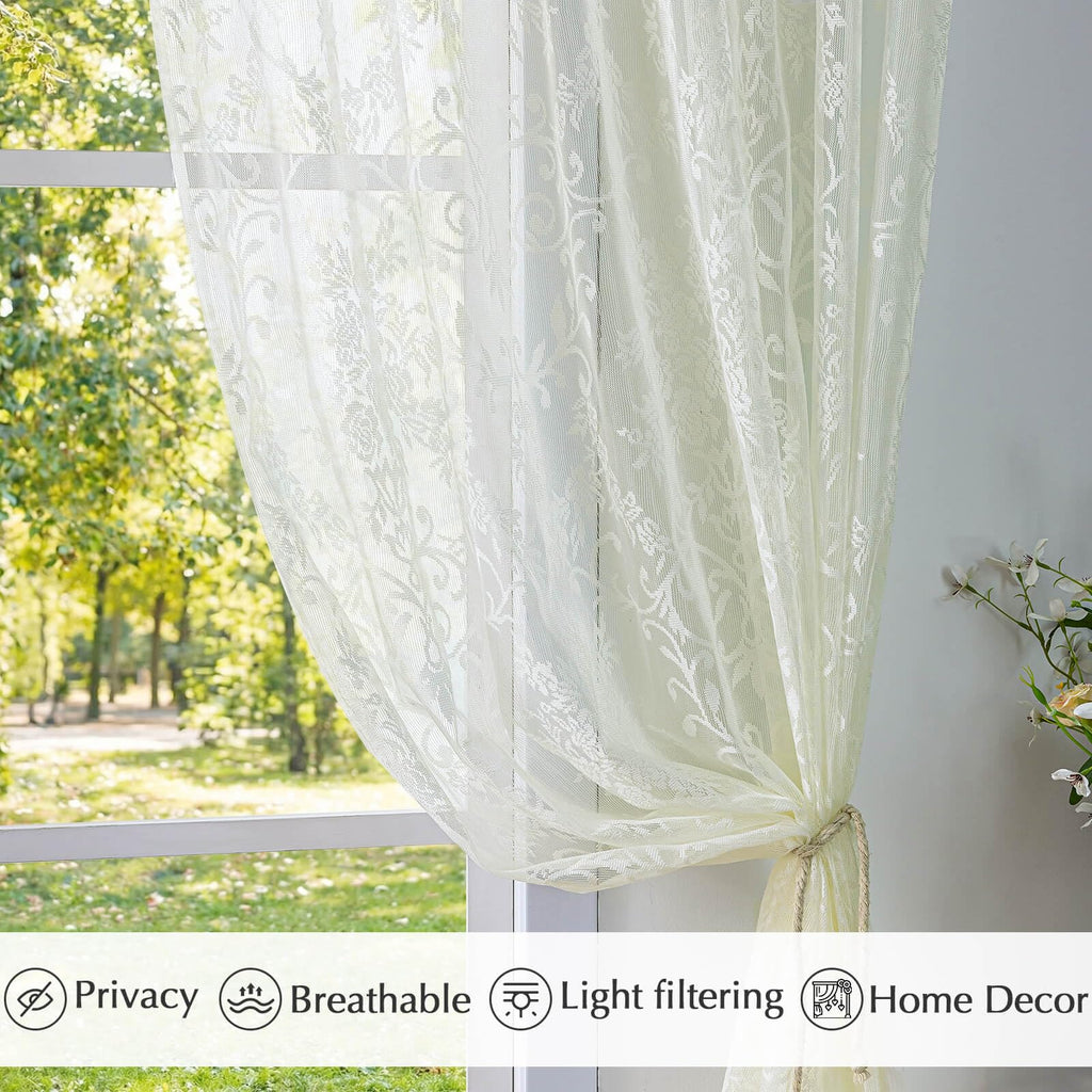 Cream Lace Curtains with Valances 84 Inches Long 2 Panels, Vintage French Floral Embroidered Semi Sheer Drapes Rod