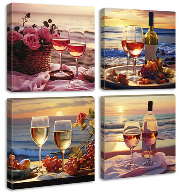 Kitchen Wall Art Wine Glass Canvas Prints 12"X12"X4 Panels