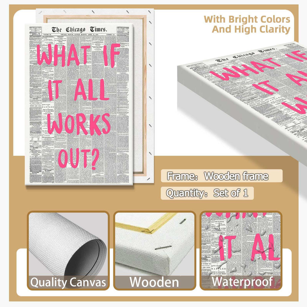 What If It All Works Out Poster Retro Newspaper Pink Font Canvas Wall Art Positive Affirming Quote Minimalist Prints