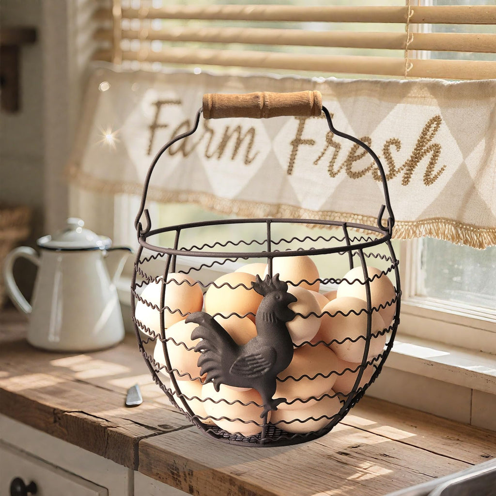 Wire Egg Basket for Gathering Fresh Eggs, Rustic with Rooster & Wood Handle
