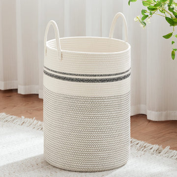 72L Tall Woven Laundry Basket Hamper, Stripe White