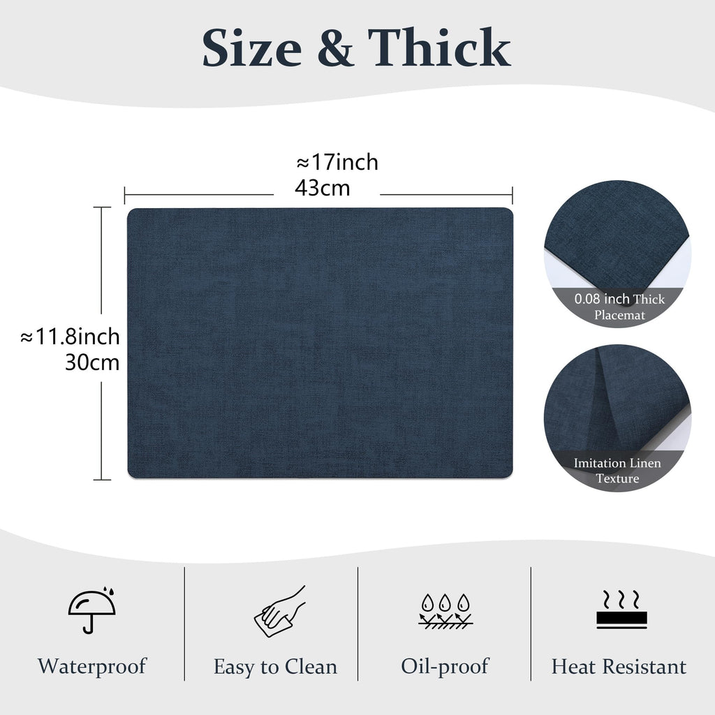 Faux Leather PU Placemats Set of 6 (Dark Blue,11.8" x 17")