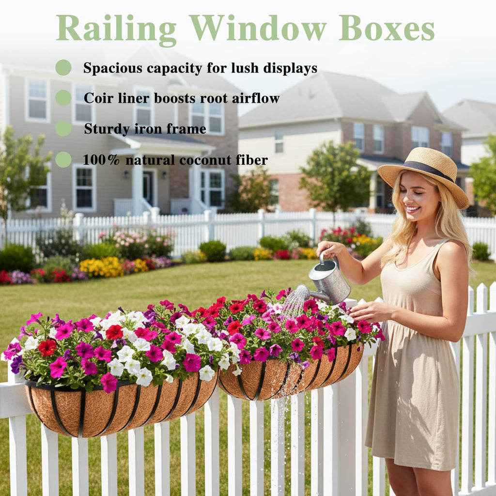 24 Inch Railing Planter Window Box Deck Balcony Rail Planter with Coco Liner Metal Wall-Mounted Coconut Liner Planter