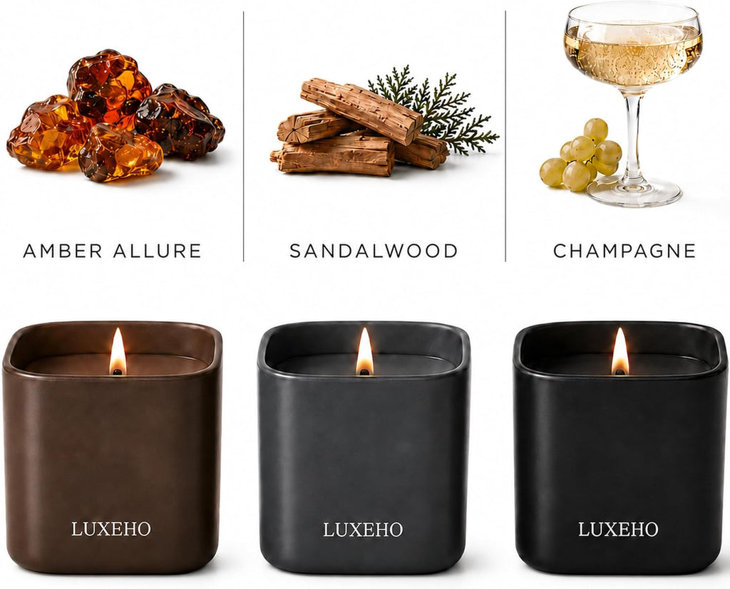 Luxury Scented Candle Set 3-Pack | Home Decor & Giftable Soy Candles | Champagne, Sandalwood & Amber | 75h Burn Time - Set of 3