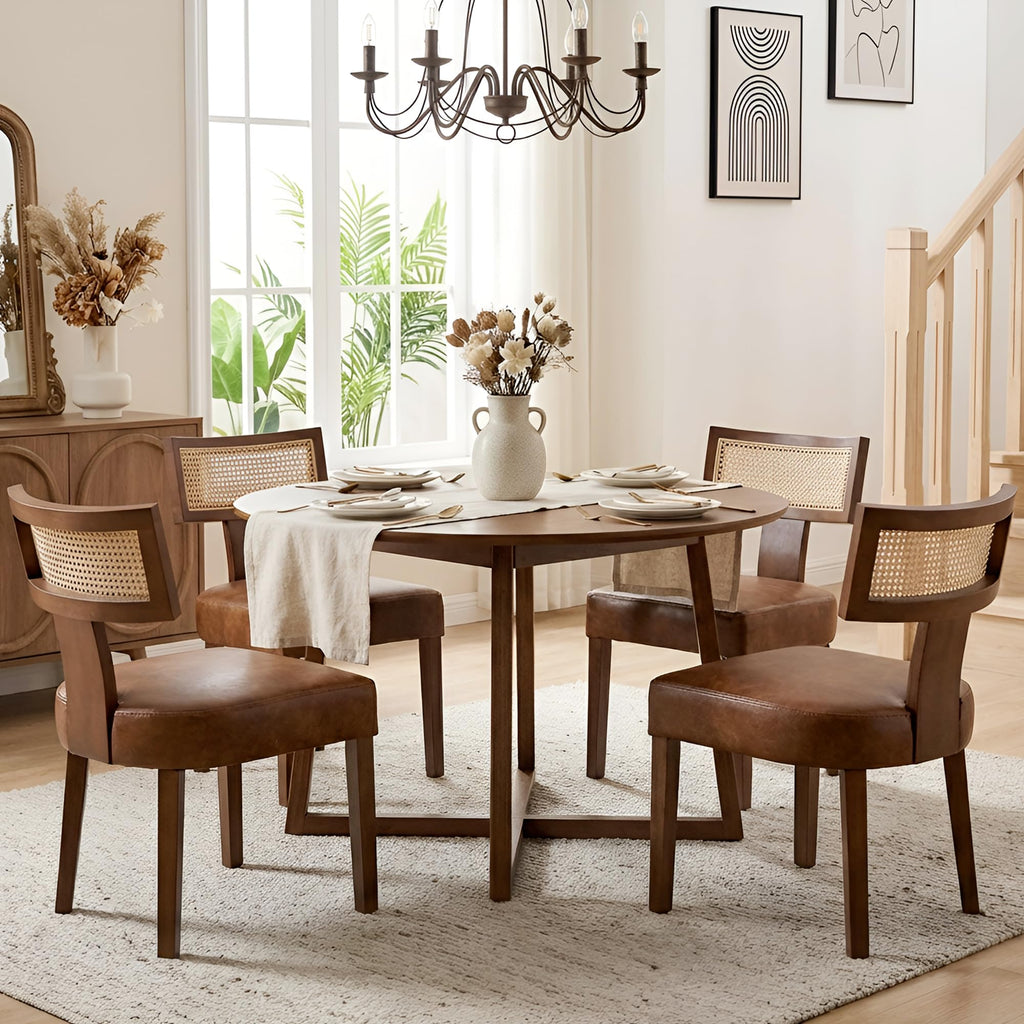 Mid Century Modern Rattan Dining Chairs Set of 6, Farmhouse PU Leather Upholstered Accent Chair Curved Backrest