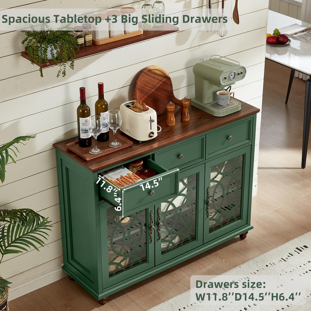 Large Sideboard Buffet Cabinet with Storage, 48" Credenza with 3 Glass Doors & 3 Drawers, Adjustable Shelves Coffee